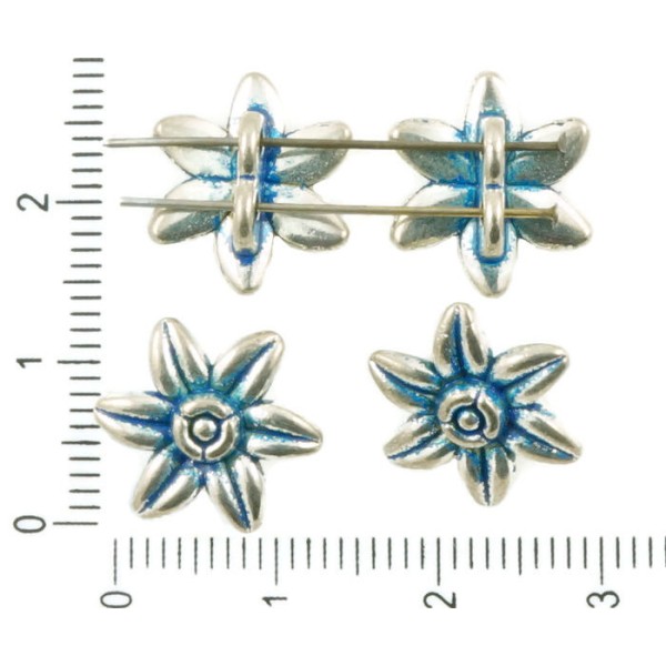 10pcs Antique Ton Argent Bleu Patine Laver Fleur 2 Trous des Boutons de Perles Connecteurs Curseurs - Photo n°1