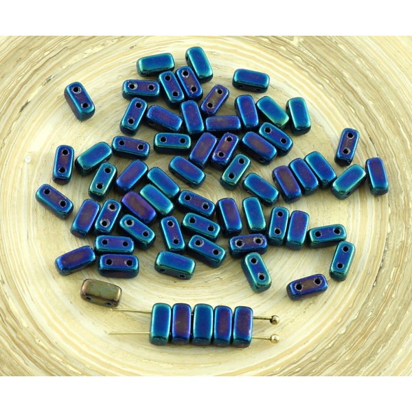 60pcs Metallic Blue Iris Rectangle Briques Barre de Verre tchèque Perles 2 Trous de 3mm x 6mm - Photo n°1