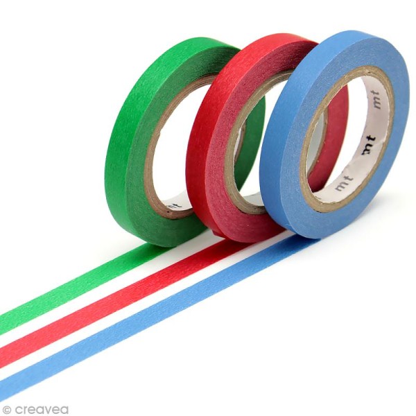 Masking tape slim - Vert Rouge et Bleu uni - 3 rouleaux 6 mm x 7 m - Photo n°1