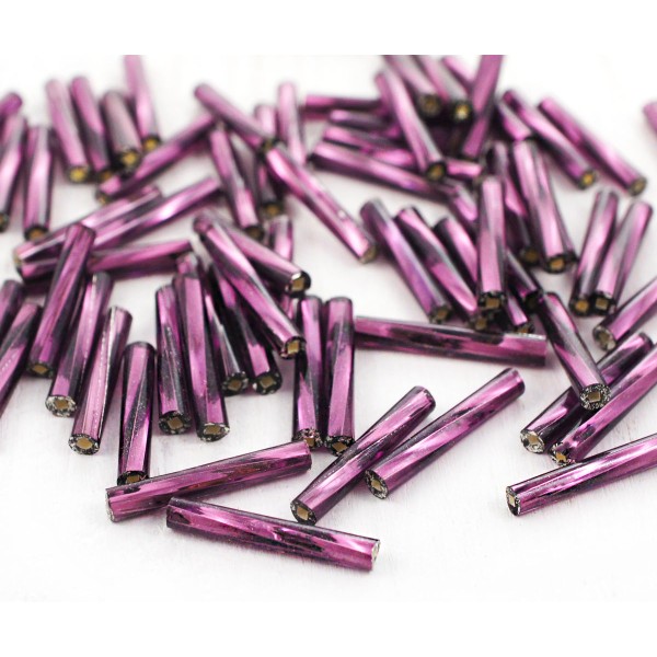 100pcs x 15mm Extra Longue Violet Argent Bordée enrouler autour du Verre tchèque Perles de Bugle PRE - Photo n°1