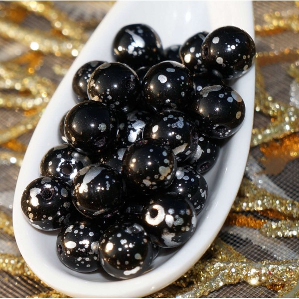 Black Silver Spotted Verre tchèque Perles Rondes 6mm 40pcs - Photo n°1