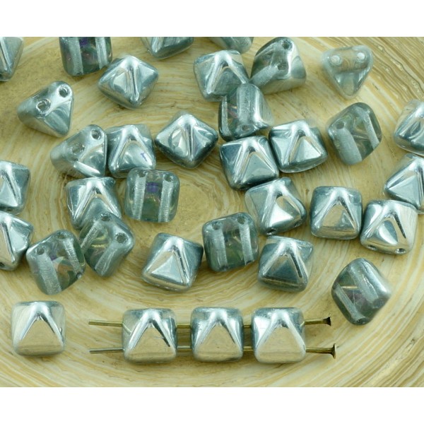 16pcs Cristal d'Argent de la Moitié de la Petite Pyramide Goujon 2 Deux Trou de Verre tchèque Perles - Photo n°1