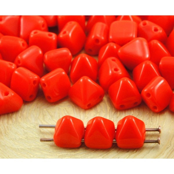 16pcs Opaque Rouge Corail Petite Pyramide Goujon 2 Deux Trou de Verre tchèque Perles de 6mm - Photo n°1