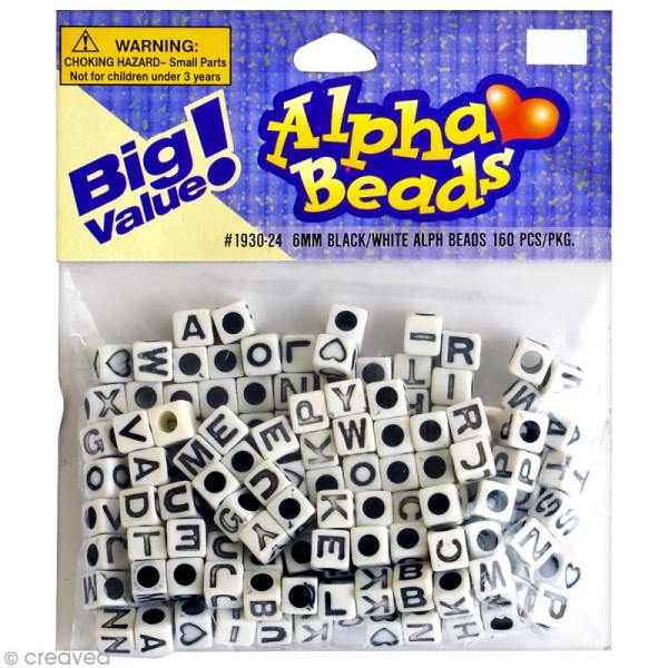 Perles Alphabet Cubes Blanc et noir - 6 mm x 160 - Photo n°1
