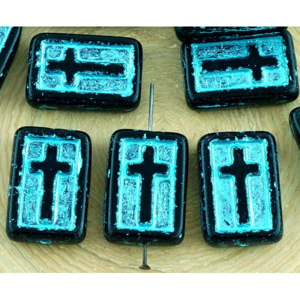 4pcs Opaque Jet Noir Turquoise Patine Laver Rectangle Plat de la Croix Chrétienne Chapelet Crucifix - Photo n°1