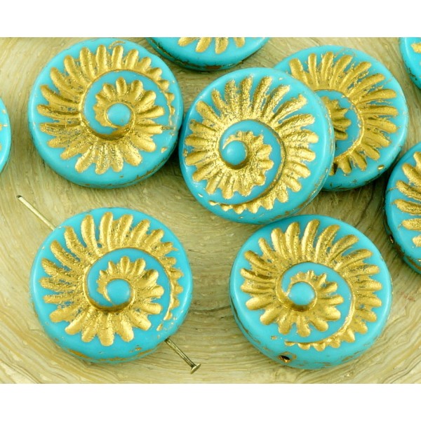 4pcs Opaque Bleu Turquoise Mat Or Patine Laver Nautilus Fossiles d'Escargots en Coquille d'Ammonite - Photo n°1