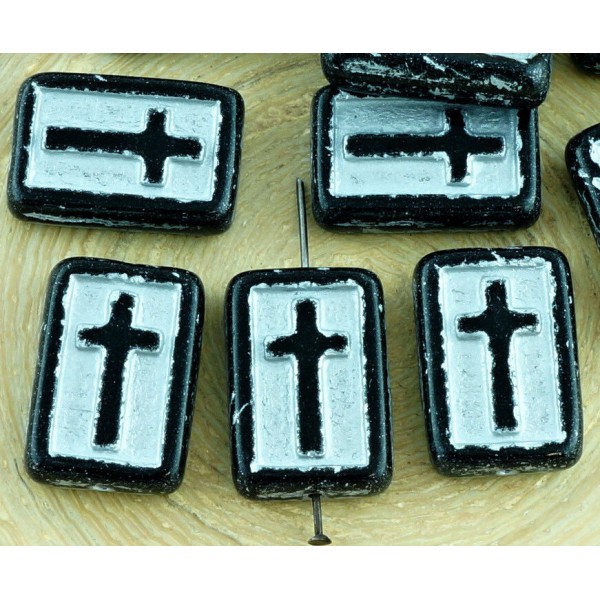 4pcs Opaque Noir de jais Matte Silver Patine Laver Rectangle Plat de la Croix Chrétienne Chapelet Cr - Photo n°1