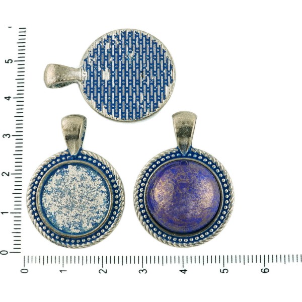 2pcs tchèque Bleu Patine Antique Ton Argent Pendentif Rond Cabochon Paramètres en Pointillés Lunette - Photo n°1