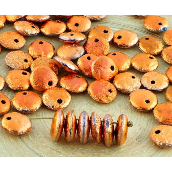 40pcs Mat Métallisé Orange Or Halloween Rugueux Rustique Gravé Grande Lentille de Verre tchèque Perl - Photo n°1