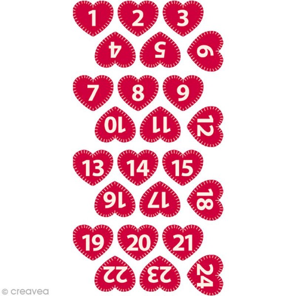 Chiffres de l'Avent en feutrine - Coeur rouge brodé 2,2 cm - 24 pcs - Photo n°1