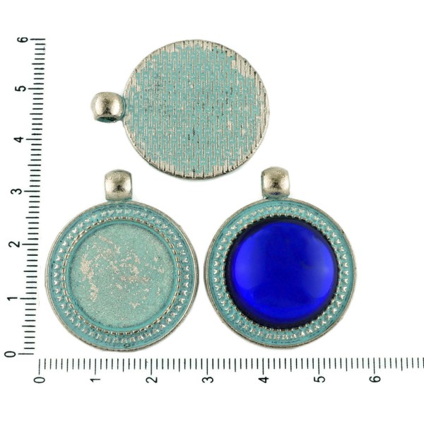 2pcs tchèque Bleu Turquoise Patine Antique Ton Argent Grand Pendentif Rond Cabochon de Paramètres Vi - Photo n°1
