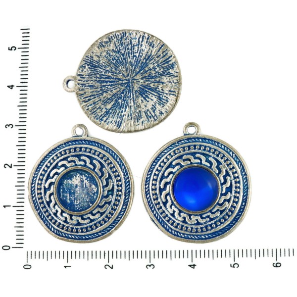 2pcs tchèque Bleu Patine Antique Ton Argent Pendentif Rond Cabochon Paramètres grec Lunette Vide Tir - Photo n°1