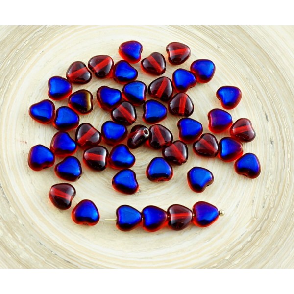40pcs Petit Cristal Rouge Rubis Métallisé Bleu Azur de la Moitié de Verre tchèque Cœur des Perles de - Photo n°1