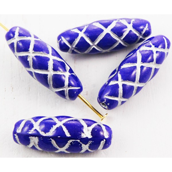 6pcs Opaque Bleu Saphir Argent Clair Patine Laver Sculpté Tube Rayé à Carreaux Carreaux de Verre tch - Photo n°1