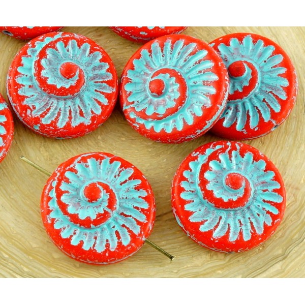4pcs Opaque Rouge Corail Turquoise Patine Laver Nautilus Fossiles d'Escargots en Coquille d'Ammonite - Photo n°1
