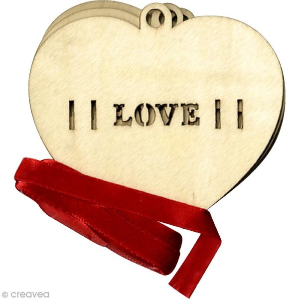 Kit de 3 suspensions Coeur 10 cm à décorer et ruban rouge - Photo n°1