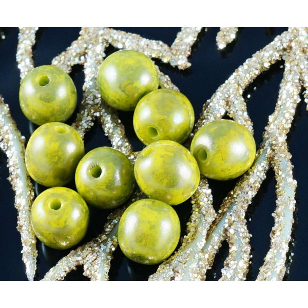 Travertin Vert Olive en Verre tchèque Perles Rondes 6mm 40pcs - Photo n°1