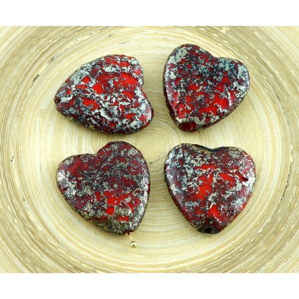 2pcs Grand Picasso Rustique Gravé Argent Rouge Verre tchèque Coeur Perles Focal Pendentif Valentines - Photo n°1