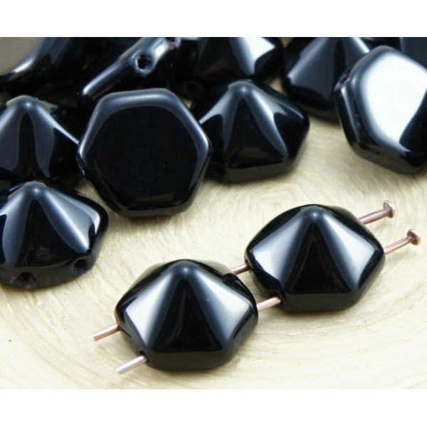 6pcs Opaque Noir de jais Grand Hexagone Pyramide Goujon 2 Deux Trou de Verre tchèque Perles de 12mm - Photo n°1
