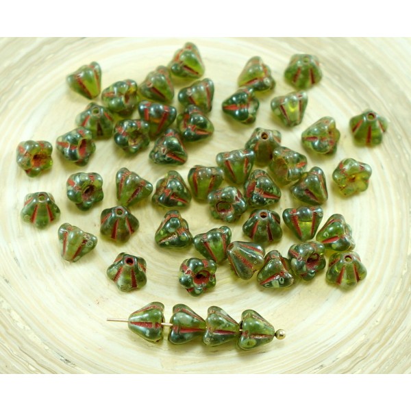 40pcs Picasso Verte en Cristal de Verre tchèque Petite Cloche de Fleurs de Perles de 4 mm x 6 mm - Photo n°1