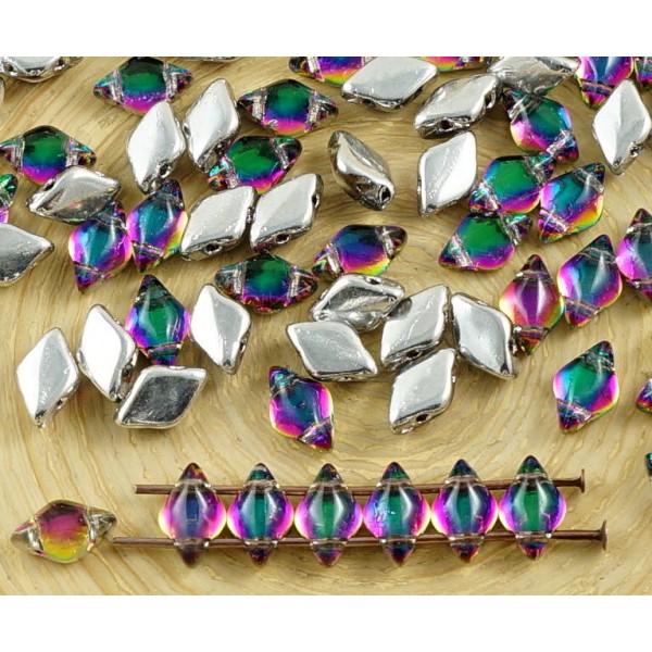 60pcs Cristal Dichroïque Vitrail Vert Violet Moitié Matubo GemDuo Losange de Diamant de Deux 2 Trou - Photo n°1