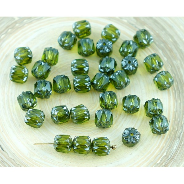 40pcs Cristal Olive Vert Argent Platina tchèque en Verre Cathédrale Facettes Feu Poli Perles de 6mm - Photo n°1