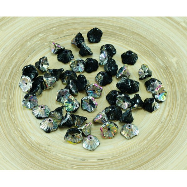 40pcs Noir Argent Dichroïque Vitrail Demi-Verre tchèque Bell Fleur de Perle de Bouchons 7mm x 5mm - Photo n°1