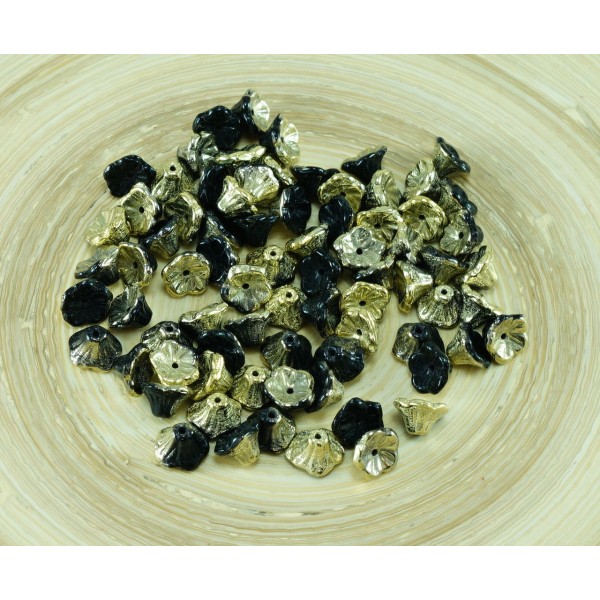 40pcs d'un Noir de jais de l'Ambre d'Or Demi-Verre tchèque Bell Fleur de Perle de Bouchons 7mm x 5mm - Photo n°1
