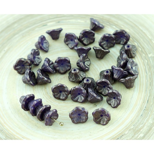 40pcs Or Briller Marron Violet Verre tchèque Bell Fleur de Perle de Bouchons 7mm x 5mm - Photo n°1