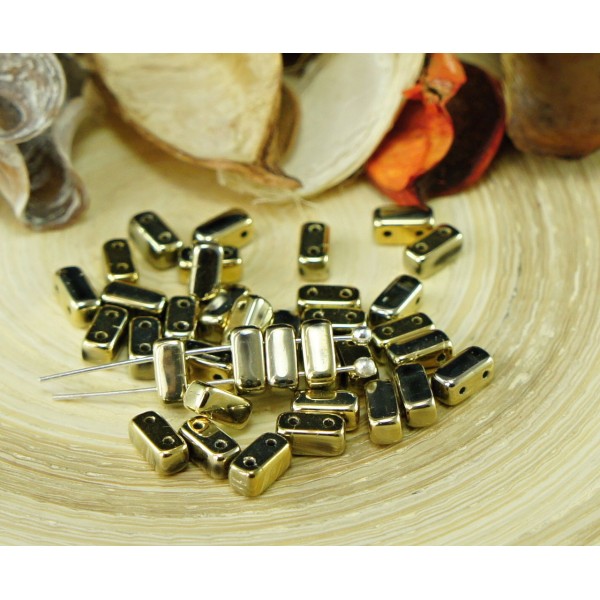 60pcs Or Métallique en Briques de Verre tchèque Perles de Deux Trous de 3mm x 6mm - Photo n°1