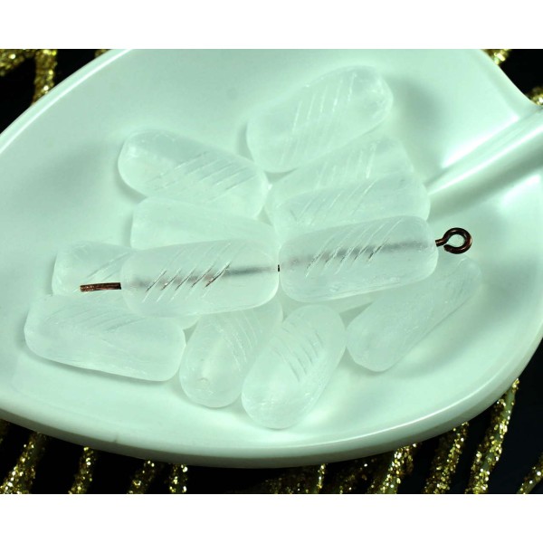 Matte Crystal Clear Verre tchèque Sculpté Rectangle Tube de Perles Givrées 16mm x 7mm 12pcs - Photo n°1