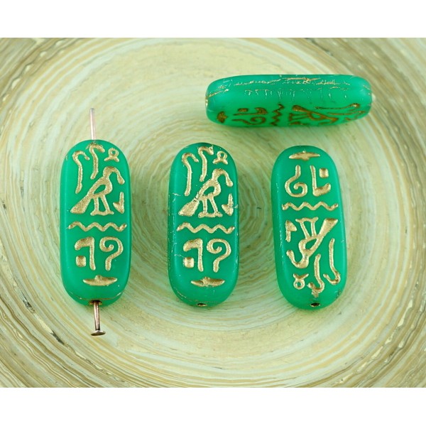 4pcs Mat Vert Émeraude de l'Or Égyptien Cartouche Hiéroglyphes tchèque Verre Plat Ovale Perles de 25 - Photo n°1