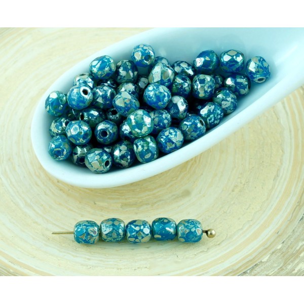 100pcs Bleu aigue-marine en Argent Picasso Ronde Verre tchèque Perles à Facettes Feu Poli Petite Ent - Photo n°1
