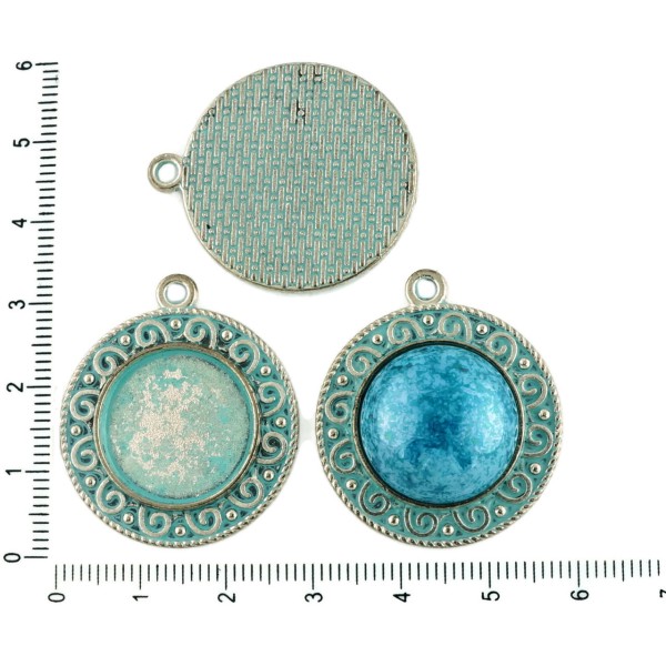 2pcs tchèque Bleu Turquoise Patine Antique Ton Argent Pendentif Rond Cabochon Paramètres Spirale Lun - Photo n°1