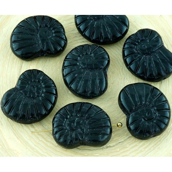 6pcs Opaque Noir de jais Sculpté de Coquille d'Ammonite Fossile Verre tchèque Perles de 13mm x 17mm - Photo n°1