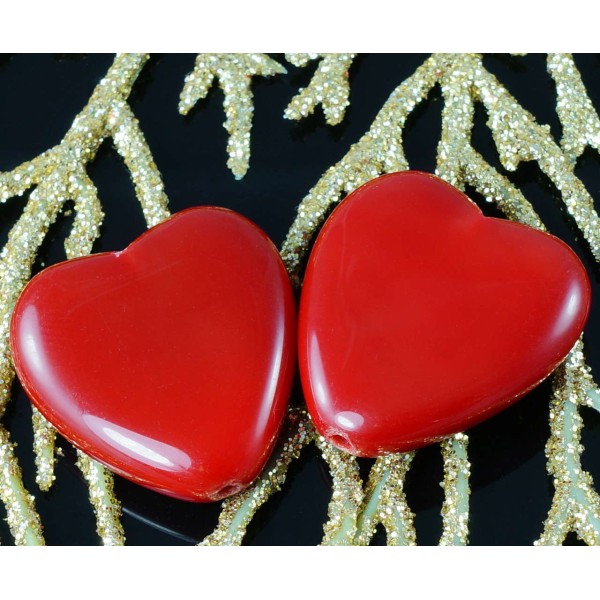 Grand Opaque Rouge Verre tchèque Coeur Perles Focal Pendentif Valentines Mariage 24mm x 22mm 2pcs - Photo n°1