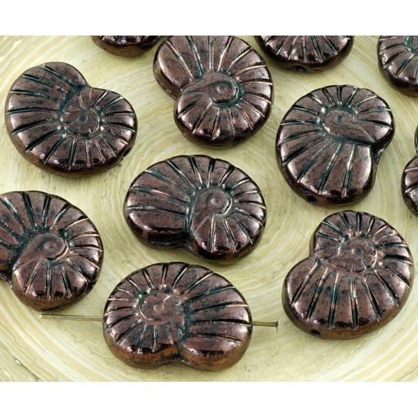 6pcs Métallique Brillant Bronze Brun Lustre Sculpté Verre tchèque Coquille d'Ammonite Fossile Perles - Photo n°1