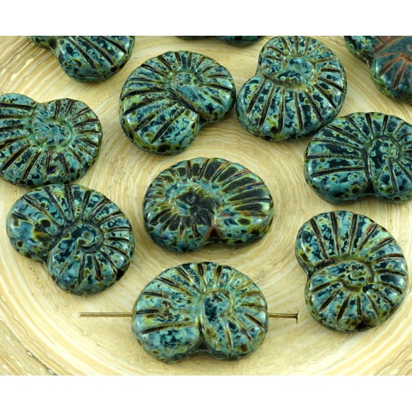 6pcs Picasso Brun Opaque Noir de jais Sculpté Verre tchèque Coquille d'Ammonite Fossile Perles de 17 - Photo n°1