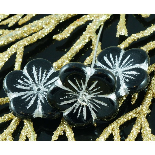 Grand Opaque Noir Argent Verre tchèque Plat Fleur Perles Halloween 20mm 4pcs - Photo n°2