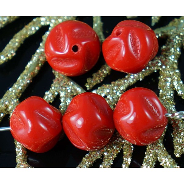 Opaque Rouge Verre tchèque Tordu en Spirale Ronde Perles Toupie est Écrasé 10mm 10pcs - Photo n°1