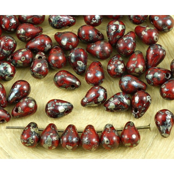 40pcs Picasso Argent Opaque Rouge Corail Larme Petite Larme de Verre tchèque Perles de 4 mm x 6 mm - Photo n°1