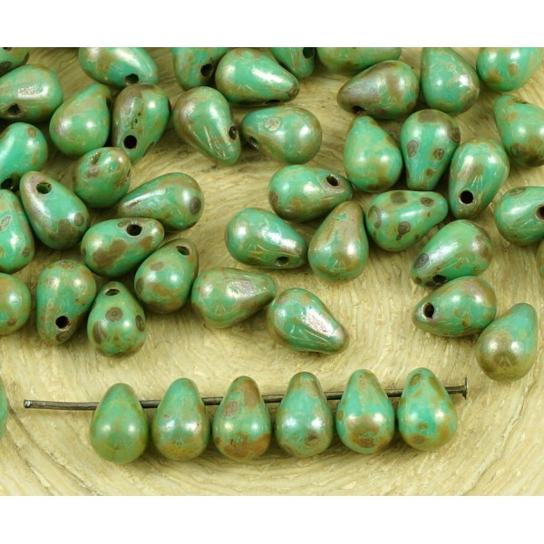 40pcs Picasso Turquoise Vert Argent Larme Petite Larme de Verre tchèque Perles de 4 mm x 6 mm - Photo n°1