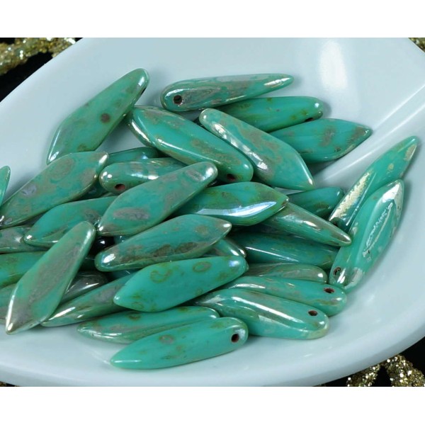 30pcs Turquoise Vert Picasso Verre tchèque Poignard Perles Feuille Plate de 5 mm x 16mm - Photo n°1