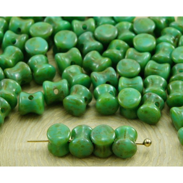 60pcs Picasso Marron Turquoise Vert Pellet PRECIOSA Diablo Dogbone tchèque Perles de Verre de 4mm x - Photo n°1