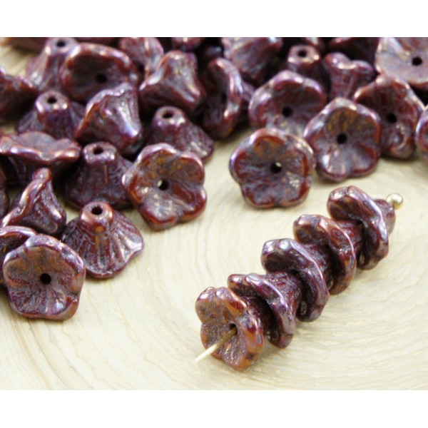 40pcs Opaque Brun Chocolat Nébuleuse Violet Petite Cloche Fleur de Bouchons de Verre tchèque Perles - Photo n°1