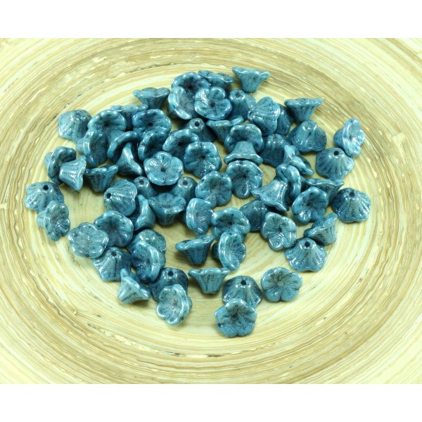40pcs Opaque Gris Bleu Lustre Verre tchèque Bell Fleur de Perle de Bouchons 7mm x 5mm - Photo n°1