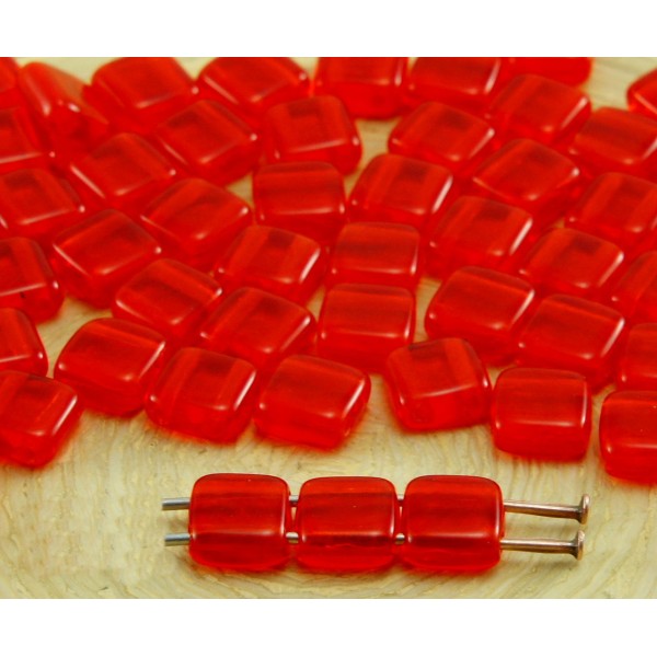 40pcs Cristal Corail Rouge Tuile Plate Carrée 2 Deux Trou de Verre tchèque Perles de 6mm 2 - Photo n°1
