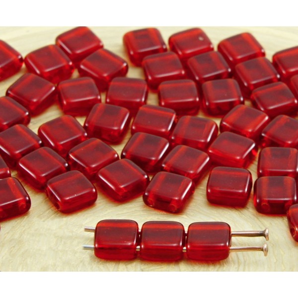 40pcs Cristal de Rubis Rouge Tuile Plate Carrée 2 Deux Trou de Verre tchèque Perles de 6mm 3 - Photo n°1