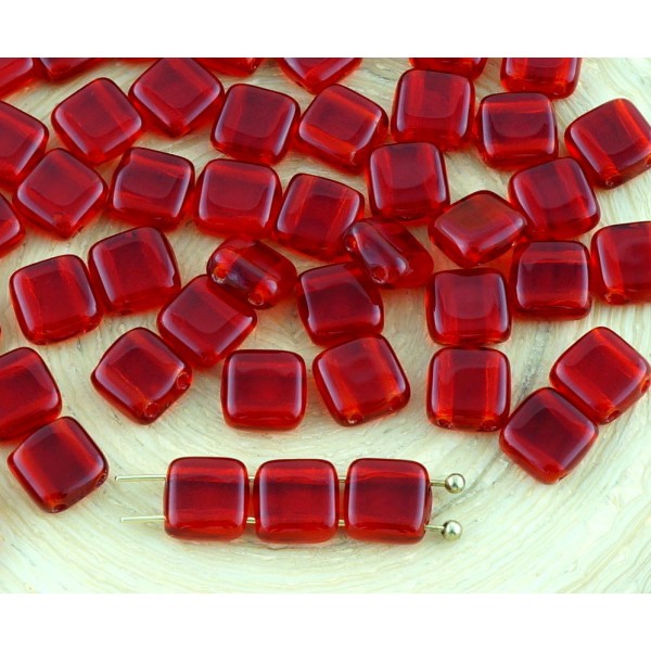 40pcs Cristal Rubis Foncé Rouge Tuile Plate Carrée 2 Deux Trou de Verre tchèque Perles de 6mm - Photo n°1