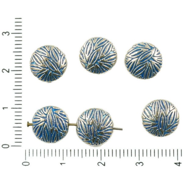 10pcs Antique Ton Argent Bleu Patine de Lavage à Plat Monnaie Rond de Feuille Floral Sculpté Perles - Photo n°1